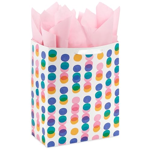Hallmark 13" Large Gift Bag with Pink Tissue Paper (Pink, Yellow, Foil Blue Dots) for Valentine's Day, Birthdays, Mother's...