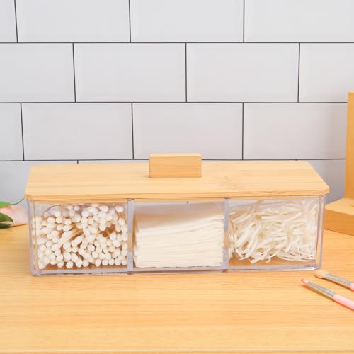 Sohalejr Wood Qtip Holder 3 Compartments Cotton Ball and Swab Holder Organizer with Lid,Jar for Cotton Rounds,Bathroom Con...