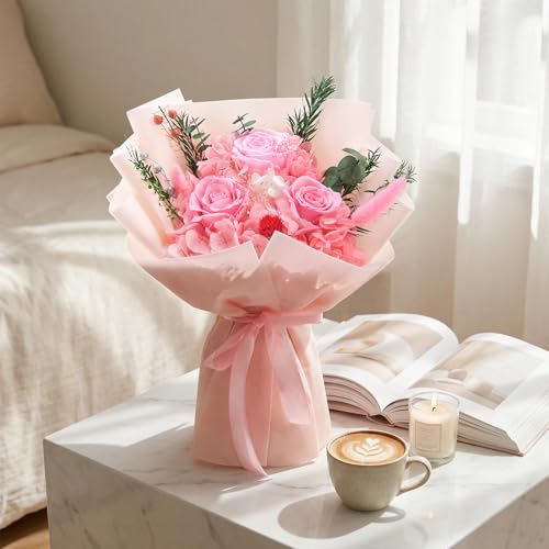 Gnifot Preserved Flowers Bouquet, Flowers for Delivery,Handmade Pink Rose Bouquets Lasting 3-5 Years, Luxury Gift Box,Birt...