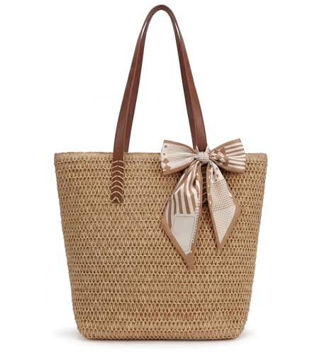 XZQTIVE Summer Beach Crochet Bags for Women Knit&Straw Woven Tote Soft Fabric Boho Shoulder Bag for Vacation Shopping