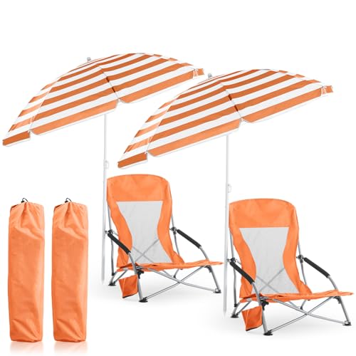 Huwena 2 Pack Beach Chairs with Umbrella for Adults, Low Folding Chair Set, Adjustable Detachable Umbrella, Lightweight Po...