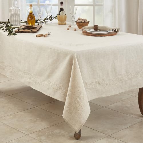 SARO LIFESTYLE 001.N1654B Augustina Collection Embroidered Swirl Design Linen Blend Table Runner, 16" x 54", Natural
