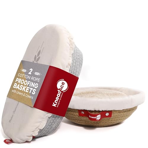 KneadAce Cotton Rope Banneton Bread Proofing Basket Set, Oval & Round Bread Baskets with Liners & Covers for Artisan Bread...