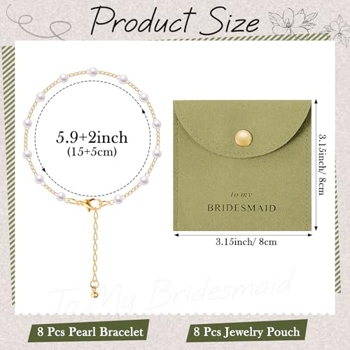 Quelay 16 Pcs Jewelry Bridesmaid Gift Pearl Bracelet Microfiber Jewelry Bag Pouch Set of 8 for Wedding Bridal Party Favor