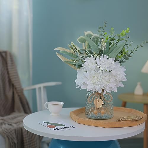 Faux Flowers with Vase,Artificial Silk Flowers in Vase, Fake Plant Eucalyptus and Willow,Flower Arrangement for Home Farmh...