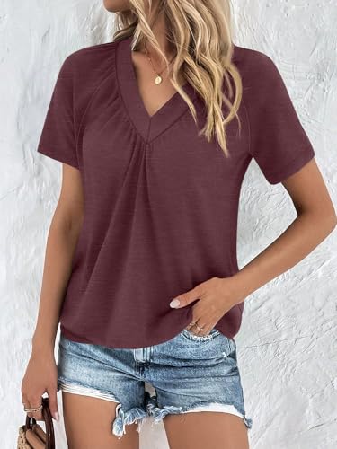 AUTOMET Womens Tops Short Sleeve V Neck T Shirts 2026 Summer Spring Beach Vacation Clothes Casual Loose Ruched Top