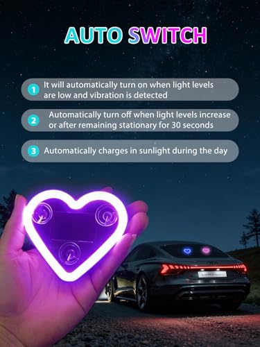 Car LED Ambient Light - Solar-Powered Heart-Shaped LED Neon Light, Wiring Free, Switchable Modes, Romantic Mood Decoratio...