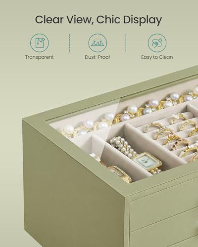 SONGMICS 3-Layer Jewelry Box with Glass Window, Jewelry Storage Organizer with 3 Drawers, Golden Handles, for Rings, Earri...