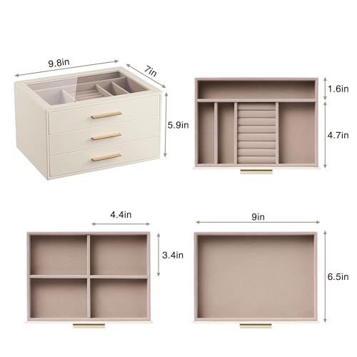 pickpiff Jewelry Box Organizer Case for Women: 3-Layer Jewelry Storage Case with Glass Window, Ivory Leather with Pink Vel...