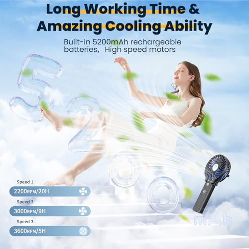 HandFan 5200mAh Portable Handheld Fan Rechargeable - 3 Speeds Foldable Personal Cooling, 2-IN-1 Hand Held Fan Battery Oper...