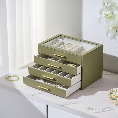 Jewelry Box Organizer Case for Women: 4-Layer Jewelry Storage Case with Glass Window, Olive Green Leather with Cream Velve...