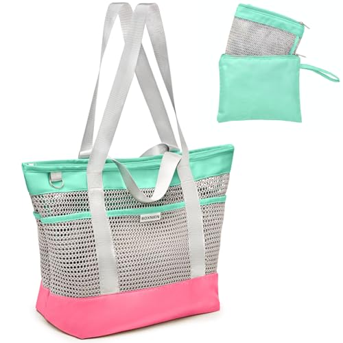 BOXNIEN Large Mesh Beach Bag for Women - 28L Oversized Foldable Tote with Waterproof Sandproof Bottom plus Zipper and 7 Po...