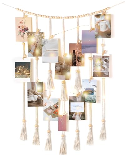 Mkono Macrame Hanging Photo Display Wall Decor with String Lights Boho Room Bedroom Wooden Beads Garland Picture Greeting ...