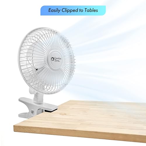 Comfort Zone Portable Clip on Fan with Fully Adjustable Tilt, Electric, 6 inch, Quiet, Indoor, 2 Speed, Mini Desk Fan, Tab...