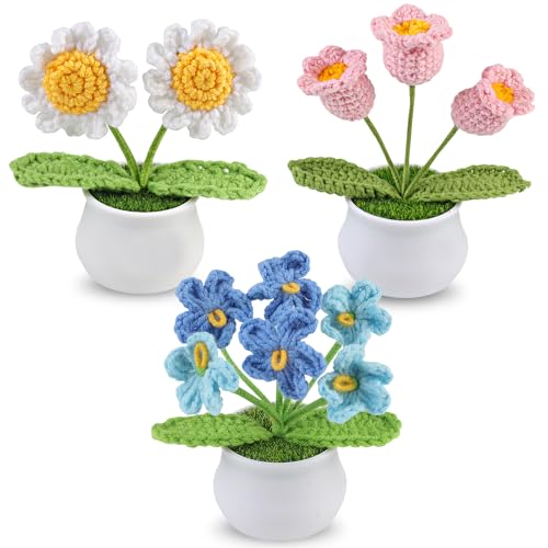 Aeekkya 3pcs Crochet Flowers Pot, Cute Handmade Crochet Flower Desk Decor with Sunflower, Lily of the Valley, Forget Me No...