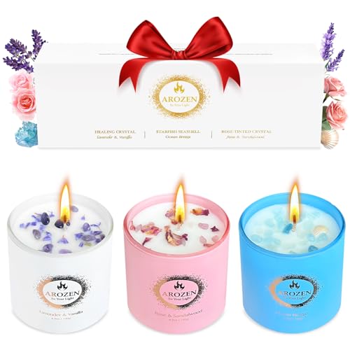 AROZEN 3 Pack Candles for Home Scented, Lavender Candle Gift Set for Women, Aromatherapy Soy Candle with Crystals Seashell...