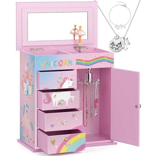 efubaby Jewelry Box for Girls 5-Layer with Swing Door Spinning Ballerina Unicorn &Castle Design Unicorn Jewelry Set Includ...