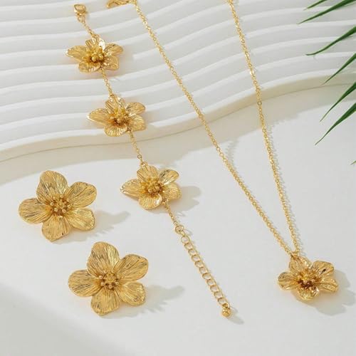 Gold Flower Necklace Bracelet Earrings Set for Women Boho Statement Chunky Big Daisy Flowers Floral Layered Chic Jewelry S...