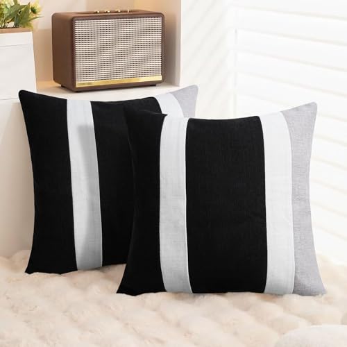 Adabana Modern Pillow Covers 18x18 Set of 2 Farmhouse Decor Patchwork Linen Cushion Covers for Living Room Couch Bed Black...