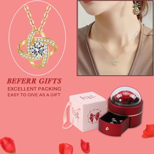 Preserved Handmade Rose Box with Four Leaf Clover Necklace, Jewelry Boxes Poetry Roses Gifts for Women Her Mom Wife Girlfr...