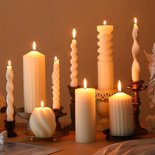 Nuanchu 9 Pcs Modern Decorative Candles Set 5 Pillar Aesthetic Ribbed Candles 4 Spiral Taper Twisted Candlesticks Scented ...