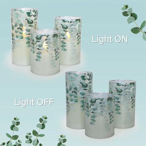 Immeiscent Green Glass Flameless Candles Remote Timer Eucalyptus Leaves Greenery Design Battery Operated Flicker Pillar Ca...