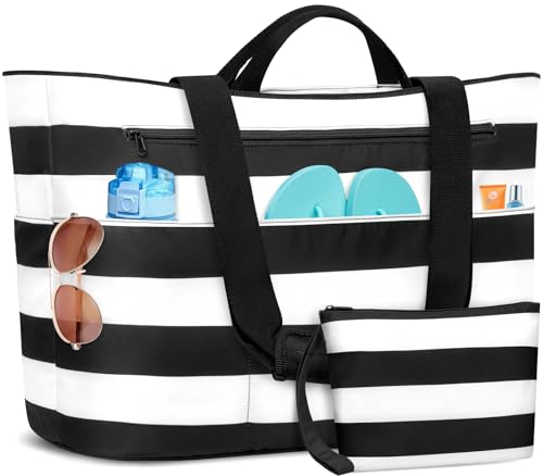 BKNOOU Extra Large Beach Bags Waterproof Sandproof XL Beach Tote Bag for Women Zipper Foldable Swim Pool Bag with Wet Pocket