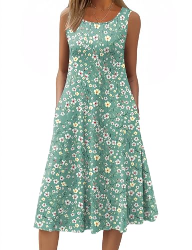 HOTOUCH Summer Casual Dresses for Women Sleeveless Midi Dress Swing Tank Sundress Pleated Tshirt Dress with Pockets