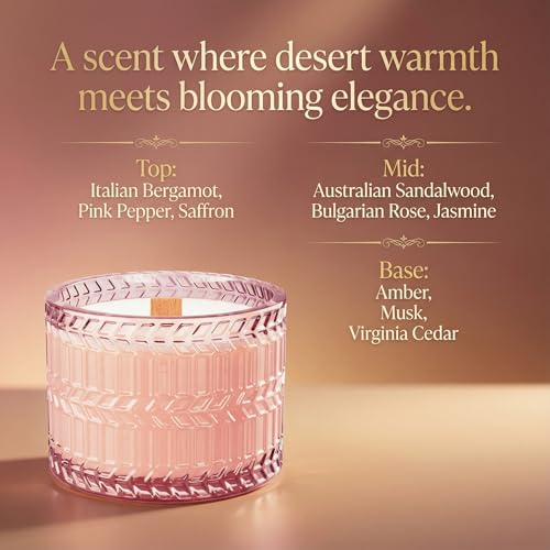 Hidden Label Sandalwood Rose Scented Candle with Crackling Wood Wick, 7.4oz Pink Soy Candle for Home Scented, 55H Clean Bu...