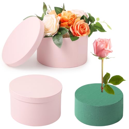 OMISTAR Round Floral Foam Present Box with Lid, Floral Arrangement Foam with Presentation Box, Elegant Flower Foam Contain...
