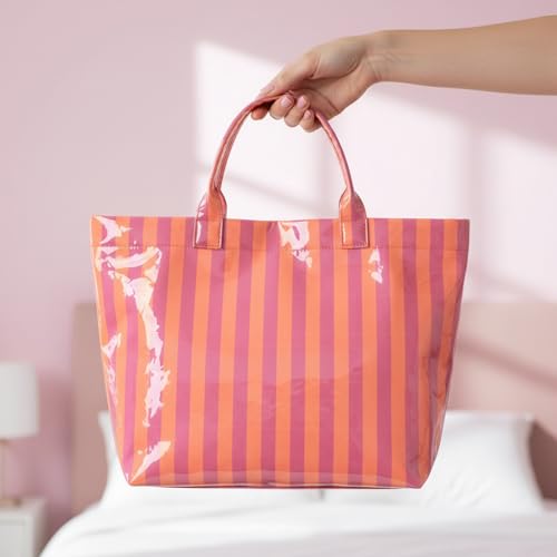 JQWYGB Striped PVC Tote Bag Large Glossy Striped Handbags Waterproof Top Handle Bag Plastic Tote Handbag Beach Travel Work