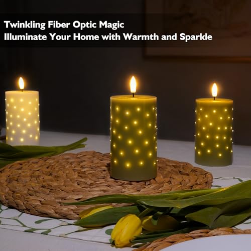 Rhytsing Sage Green Fiber Optic Real Wax Flameless Candles with Remote, Battery Operated Decorative Pillar Candles for Spr...