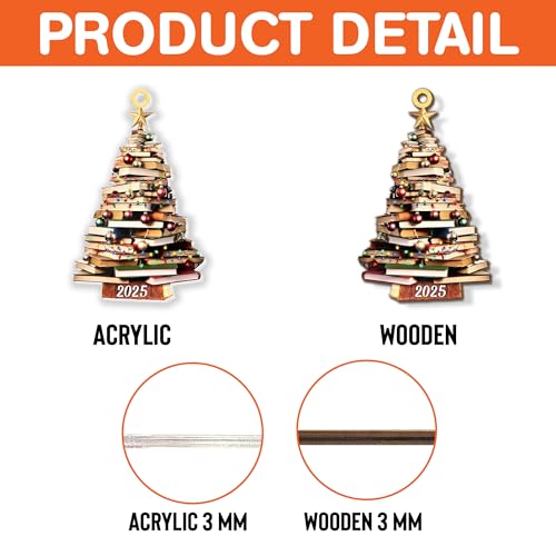 Pack 2 Book Tree Christmas Ornament (1 Wood+1 Acrylic), 2025 Bookworm Christmas Ornaments 2D Flat, Gift for Women, Book Lo...