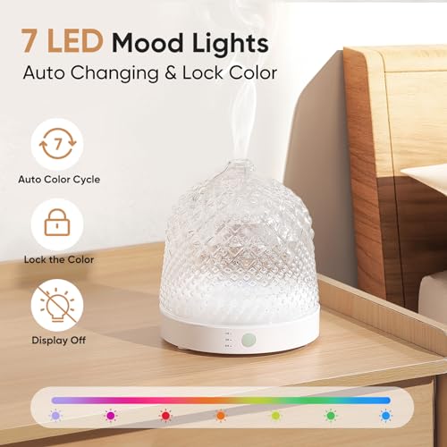 Lecdura Glass Essential Oil Diffuser, 200ml Ultrasonic Aroma Diffusers with Glass Reservoir Dome & White Plastic Base Lock...