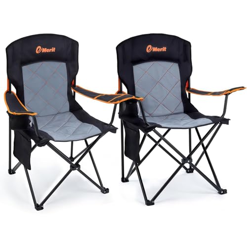 EMERIT 2 Pack Oversized Padded Camping Chair, 350LB Heavy Duty Quad Fold Chair with Arms, Collapsible Outdoor Chairs with ...