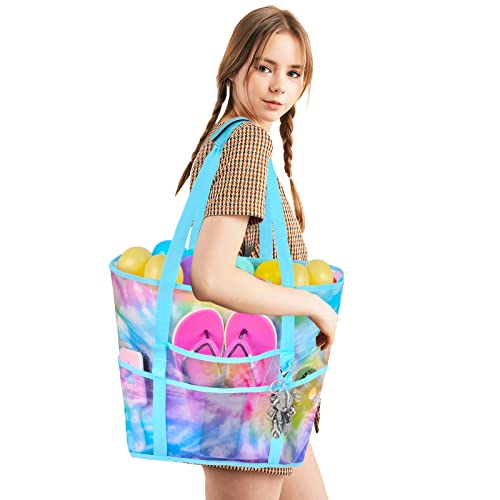 Mesh Beach Bag - Large Beach Tote Bag Women Pool Bags with Zipper 10 Pockets Foldable Beach Toy Bag for Towel, Flip Flops