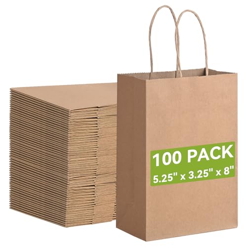 Brothersbox Small Brown Paper Bags with Handles 100PCS, 5.25 * 3.25 * 8 Inch Kraft Gift Bags Bulk for Craft Shopping Busin...