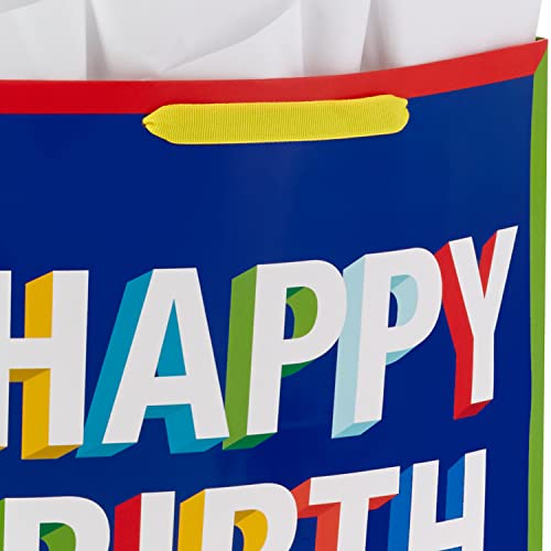 Hallmark 15" Extra Large Birthday Gift Bag with Tissue Paper (Happy Birthday, Red, Blue, Yellow, Green) for Kids, Teacher...