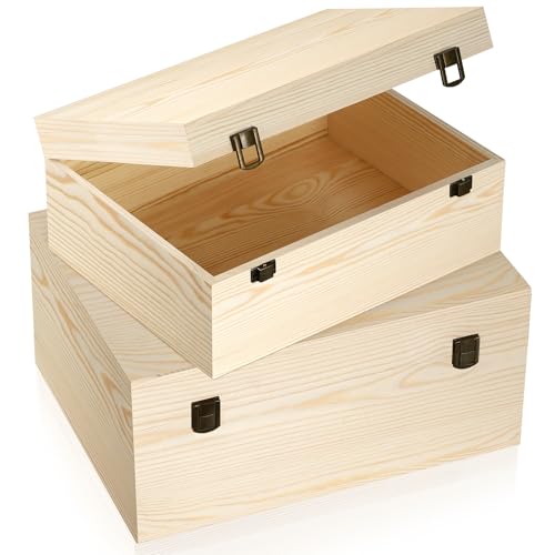 HIPNOOK Large Unfinished Wooden Boxes Set of 2 Sizes Wood Box with Hinged Lid – Large Wooden Boxes– Keepsake Memory Boxs- ...