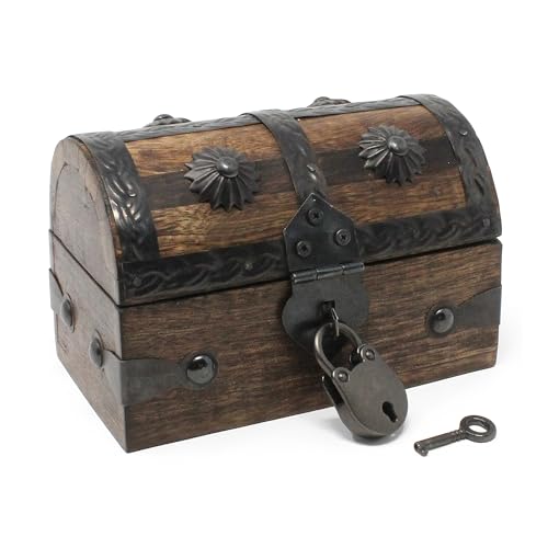 Nautical Cove Keepsake Wooden Treasure Chest with Antique Jewelry Lock and Key (Small 5x3x3.25) – Decorative Box, Pirate W...