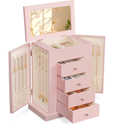 Emfogo Jewelry Boxes for Women, 5-Layer Large Leather Jewelry Organizer Box with Mirror and Drawers, Jewelry Storage for N...