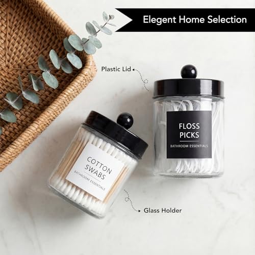 Amolliar 2 Pack Qtips Dispenser Holder - Bathroom Countertop Storage Organizer Containers - Glass Apothecary Jars with Bla...