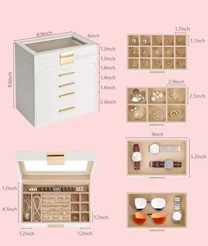 Irosiy 5 Layer Jewelry Box for Women, Glass Lid Jewelry Organizer with 5 Drawers for Necklaces Rings Earrings Bracelets(Pe...