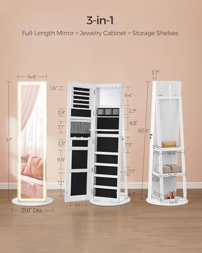 SONGMICS LED Jewelry Cabinet Standing, Lockable Armoire With Full-Length Mirror and Adjustable Lights, Space-Saving Organi...