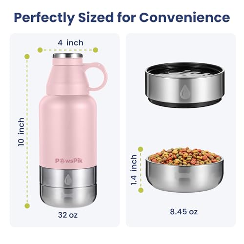 PawsPik 32oz 3-in-1 Travel Dog Water Bottle & Bowl Set – Stainless Steel Vacuum-Insulated Bottle with Detachable Food & Wa...