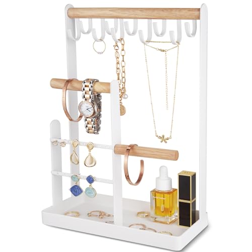 ProCase Jewelry Stand Holder Organizer, 4-Tier Necklace Holder with Ring Tray, 10 Hooks Necklaces Hanging Small Jewelry Di...