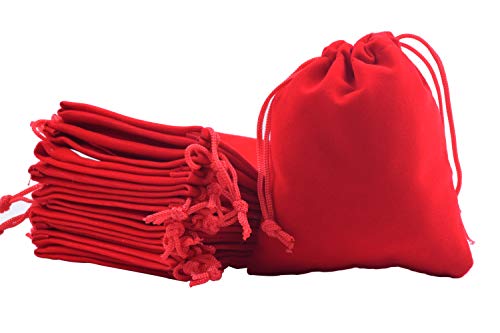 Sansam 50pcs Small Drawstring Velvet Jewelry Pouches, 4.0x4.8 Inch Red Drawstring Velvet Gift Bags,Treat Favor Bags for We...