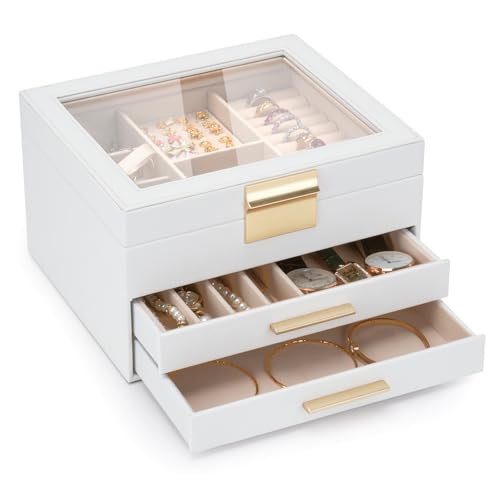 JBAOWEI Jewelry Box for Women, 3-Layer Jewelry Box, Jewelry Organizer with Clear Glass Lid and Drawers, Jewelry Organizers...