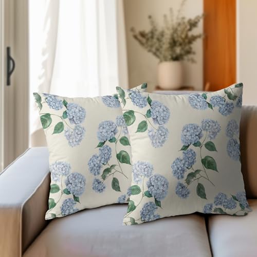 Kawani Blue Hydrangea Pillow Covers 18x18 Inch Set of 2 Blue Floral Outdoor Decorative Throw Pillow Covers Rustic Flower P...