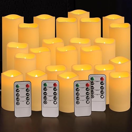 YOROXRG Set of 24 Waterproof Outdoor Flameless Candles, LED Candles with 4 Remote and Timer,(H 4" 5" 6" x D 2.2"),for Chri...